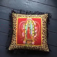 Image 8 of Leopard print fabric and red virgin of Guadalupe cushion cover with gold fringe or black fringe
