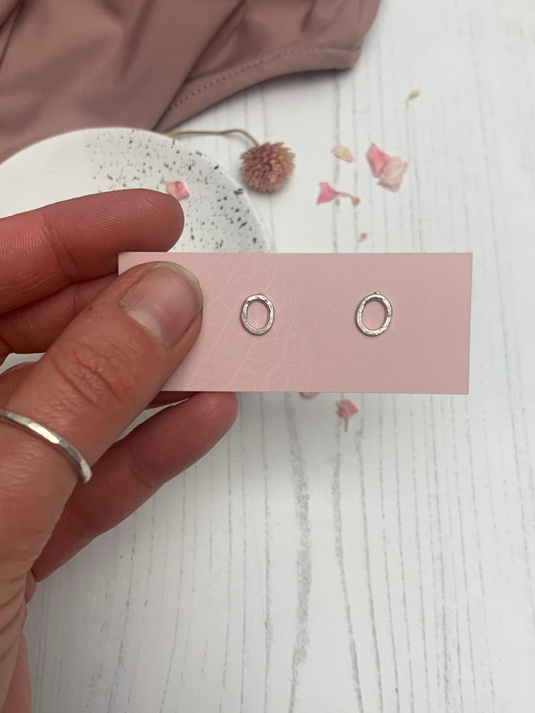Image of Mini oval recycled sterling silver stud earrings