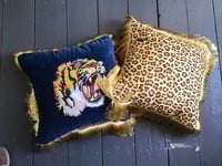 Image 16 of blue or pink  cotton velvet with embroidered tiger patch and gold fringing