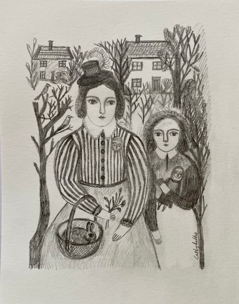 Image of spring walk with rabbit in a basket - original drawing