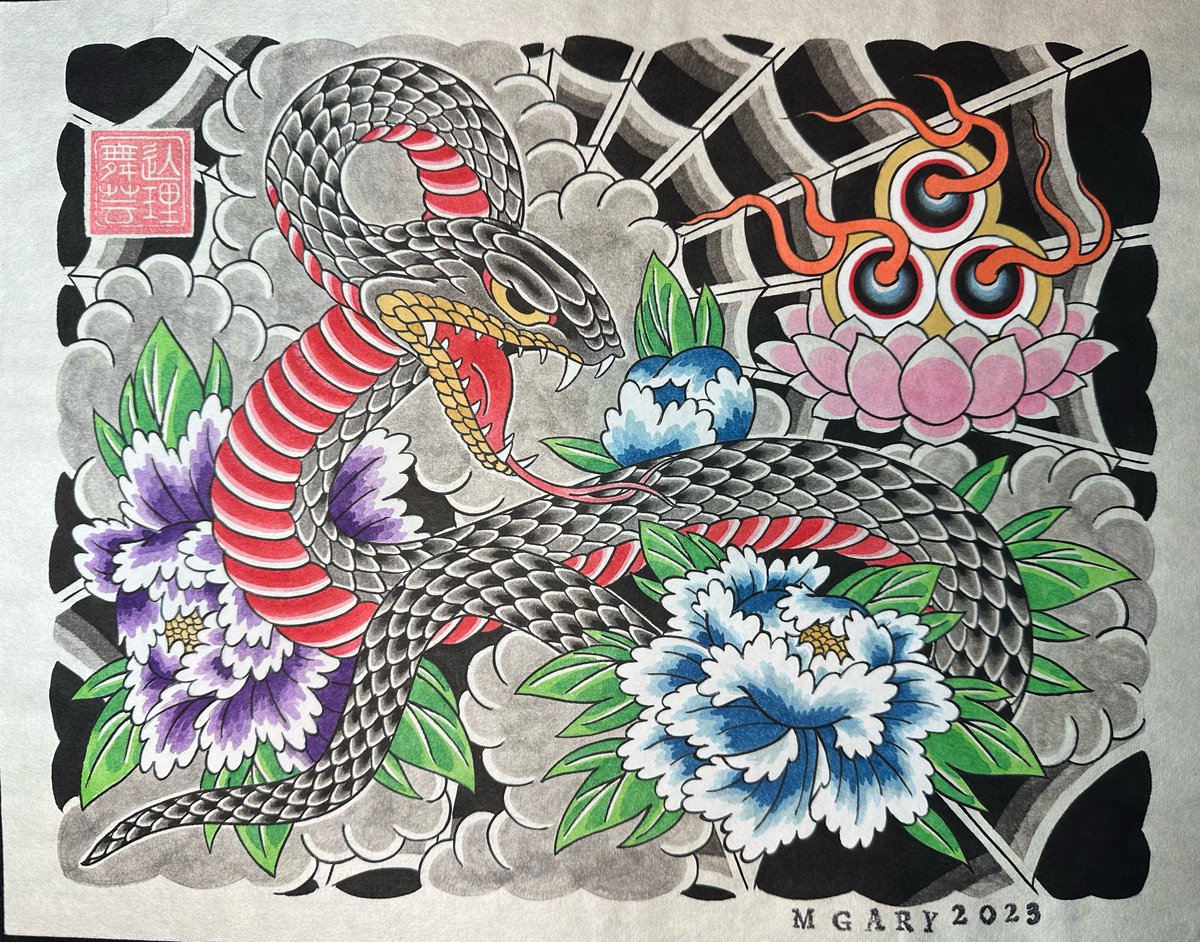 Image of Original Painting Snake and Peonies