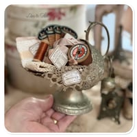 Image 3 of Vintage silver style Sugar bowl filled with French with vintage French sewing notions