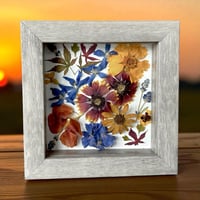 Image 1 of  Blanket Flowers, Delphiniums, Maple Leaves, & Nasturtiums in a 6" X 6" Shadow Box (Item# 202504S)