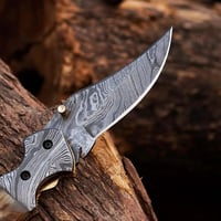 Image 4 of 9" Handmade Damascus Steel Folding Pocket Knife with Ram’s Horn Handle & Cowhide Leather Sheath