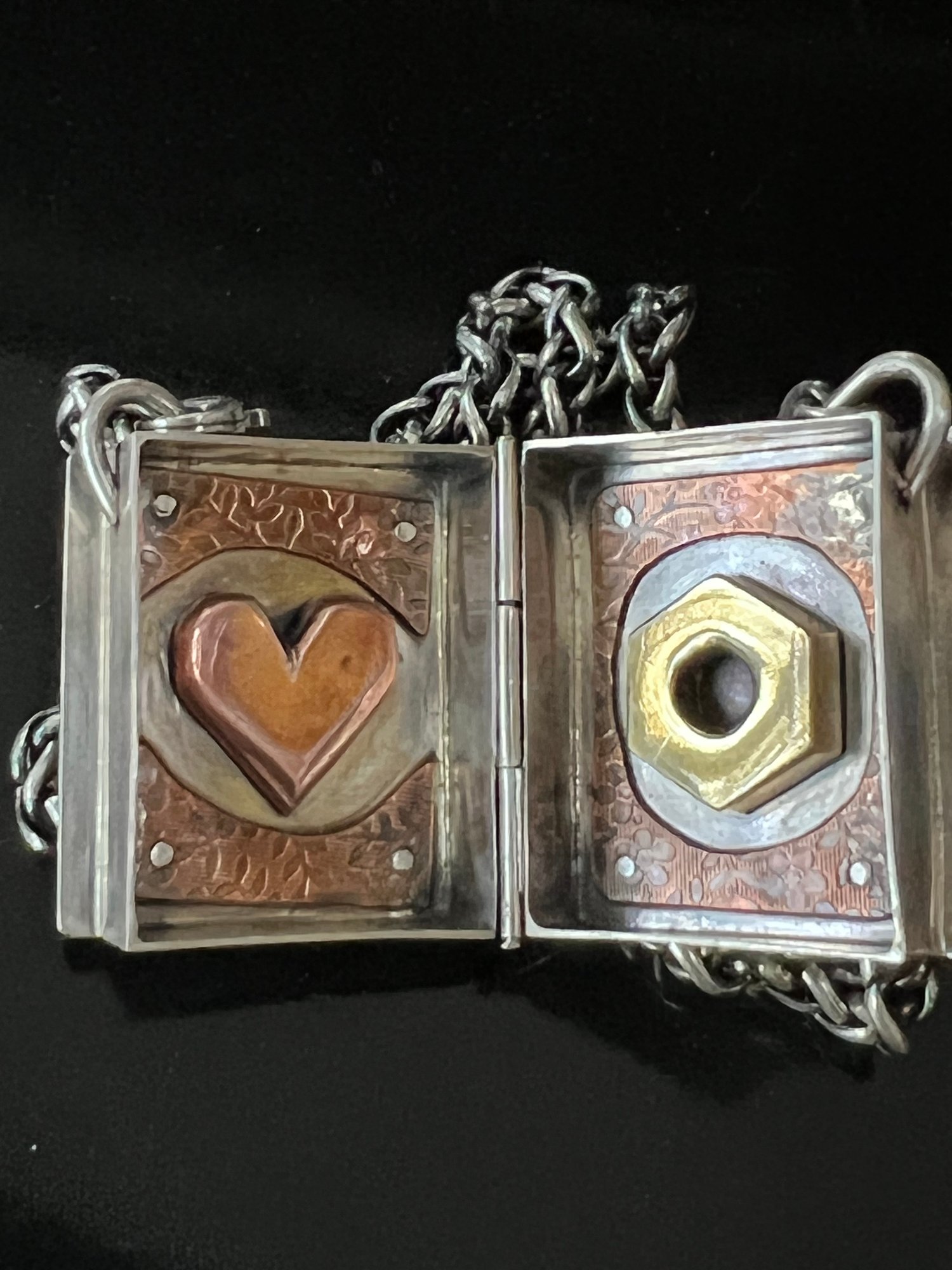 Image of Sterling Silver Locket with Copper Heart & Brass Hex Nut with Chunky Wheat Chain