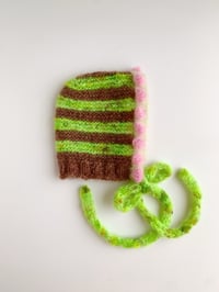 Image 1 of Striped Brown, Lime, Pale Green and Pink Mohair Bubble Bonnet