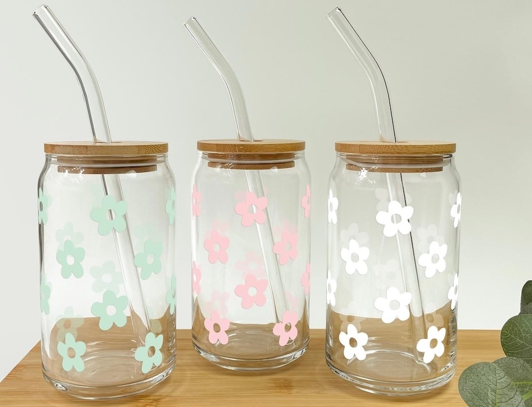 Beer Can Glass w/ Bamboo Lid - Spring Flowers - Cleo + Kin