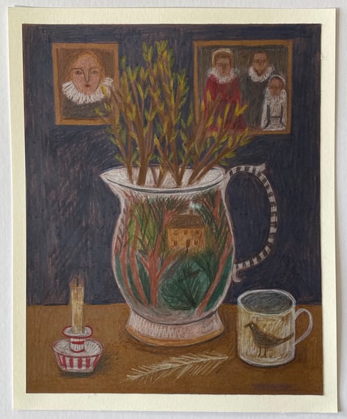 Image of Still life on dark brown paper - original drawing 