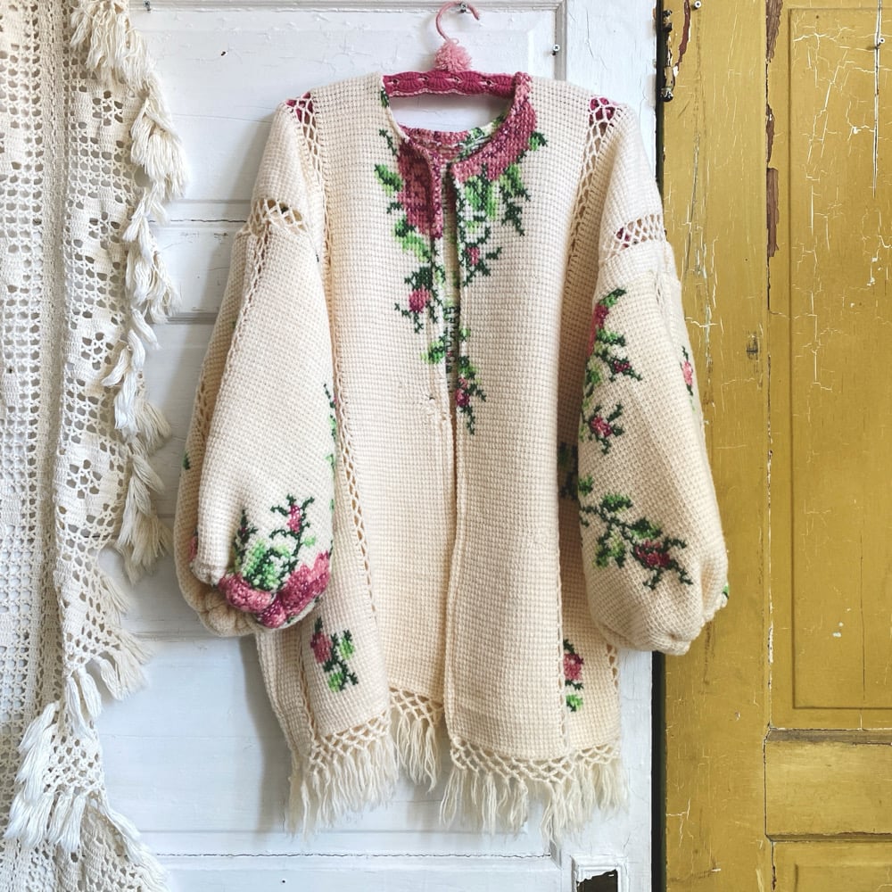 Image of Vintage Cross-Stitch Pink Roses Granny Sweater