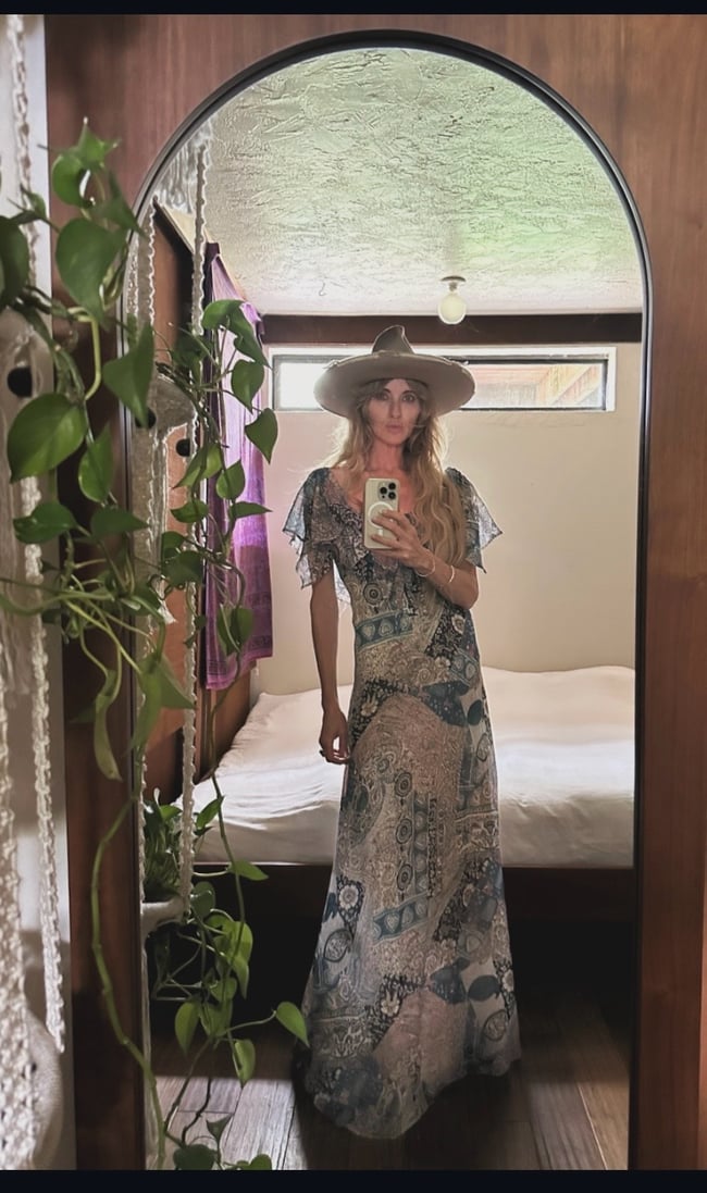 early 70s patchwork voile off shoulder flutter gown