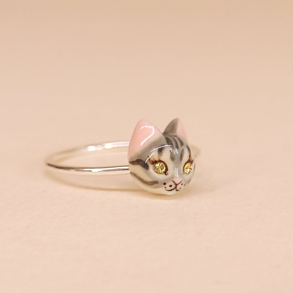 Image of Grey Tabby Porcelain & Sterling Silver Cat Ring