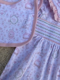Image 2 of smocked baby girl sleepsuit and bib set 