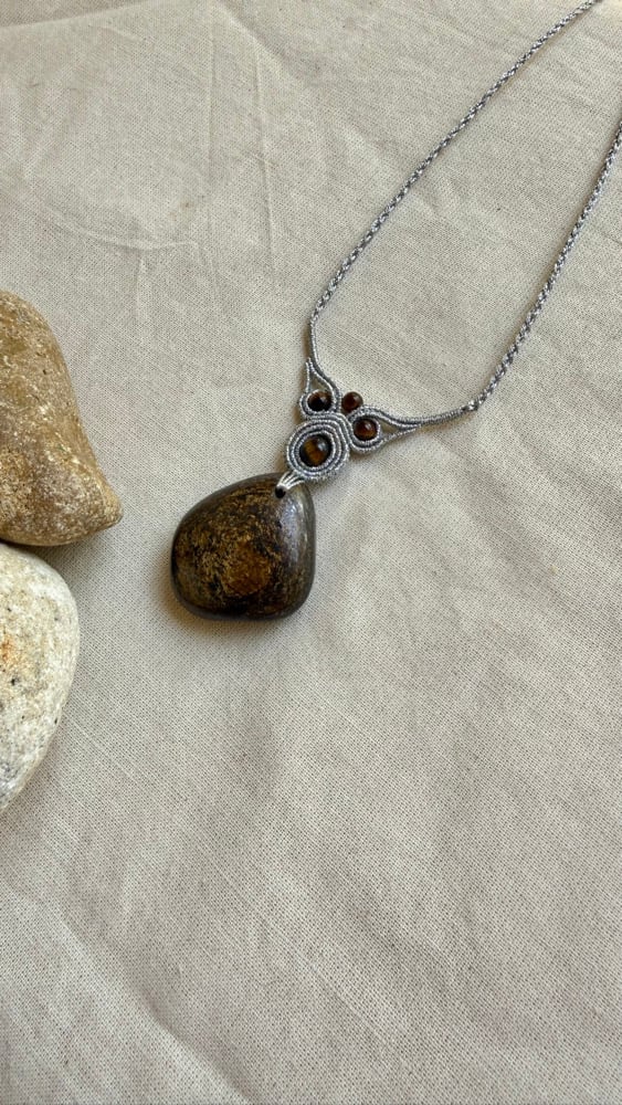 Image of Macrame necklace with bronzite stone in metallic silver string