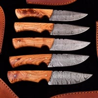 Image 2 of Set of 5 Handmade Damascus Steel Skinner Knives with Olive Wood Handles & Cowhide Leather Sheaths