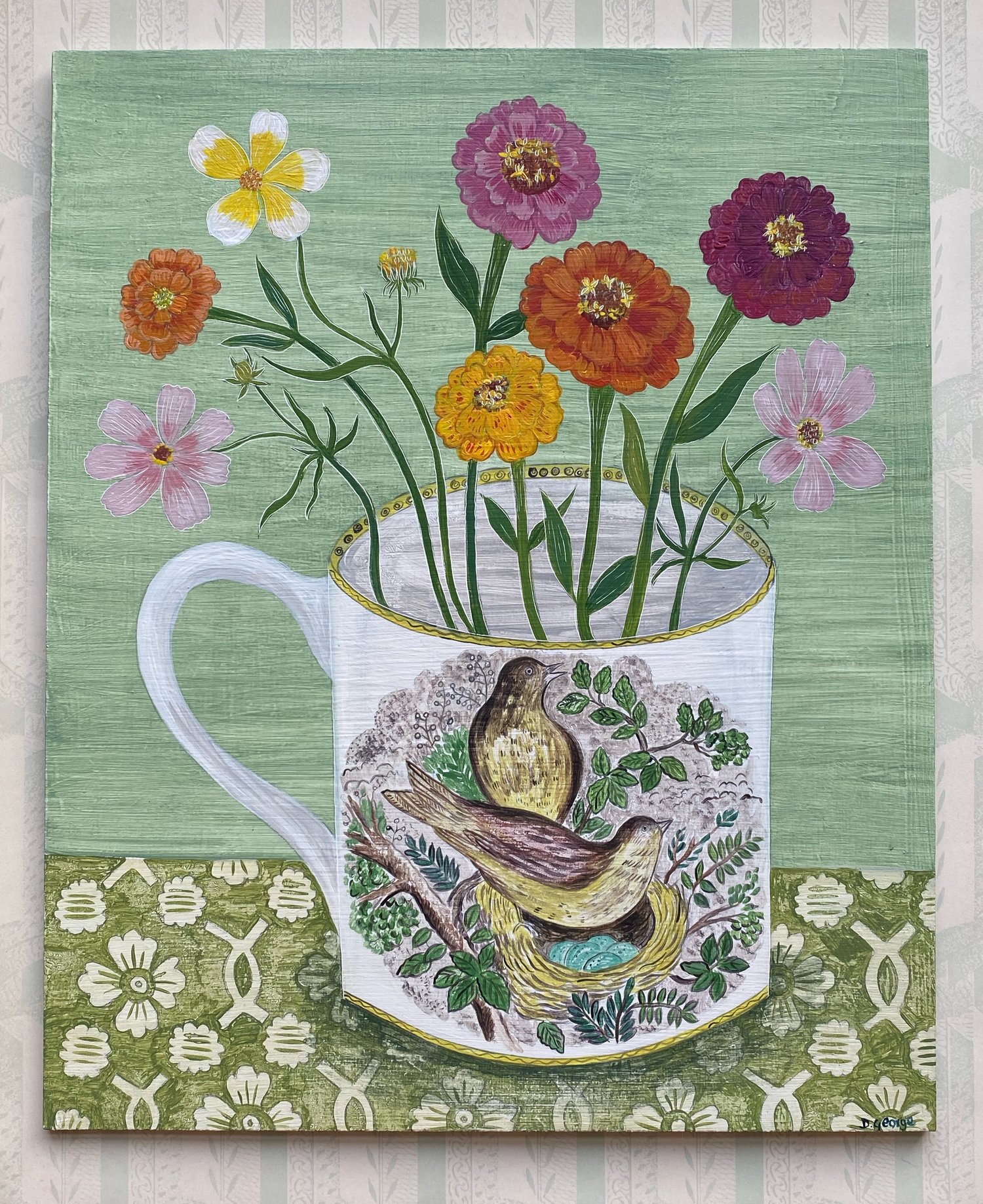 Image of Bird cup and Zinnias 