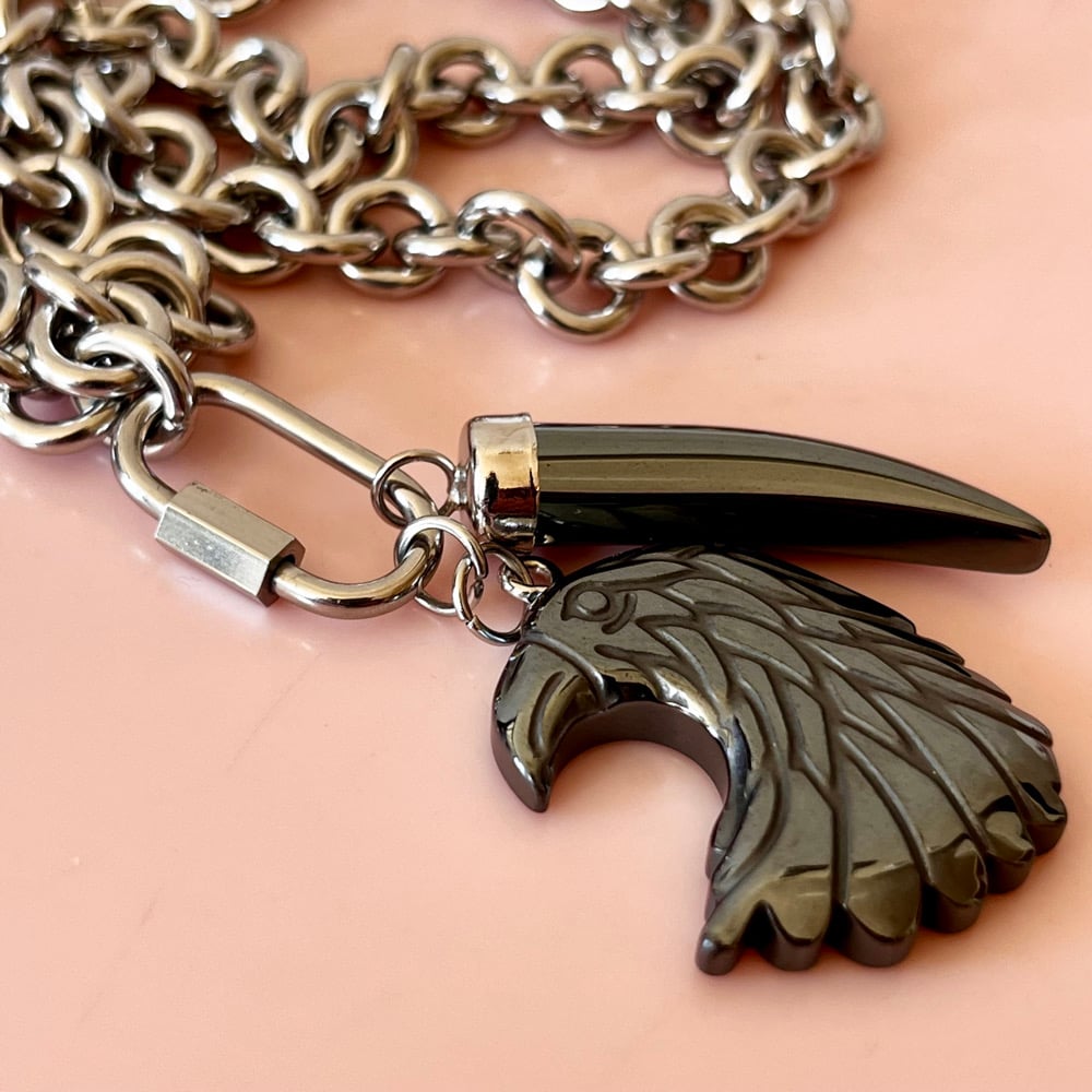 Image of Chunky Hematite Eagle and Tusk Necklace