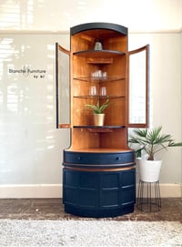 Tall, Mid Century, Curved Corner Drinks Cabinet unit with light in Black - by Nathan