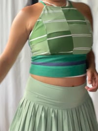 Image 3 of green patchwork stripes apron adult M/L medium large halter adjustable tie courtneycourtney crop top