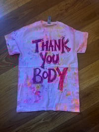 Image 2 of Pink, orange, purple multi colour tie dye tshirt with purple and pink text (small)