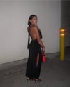 BLACK HALTER MAXI DRESS WITH METAL DETAIL (MEDIUM)