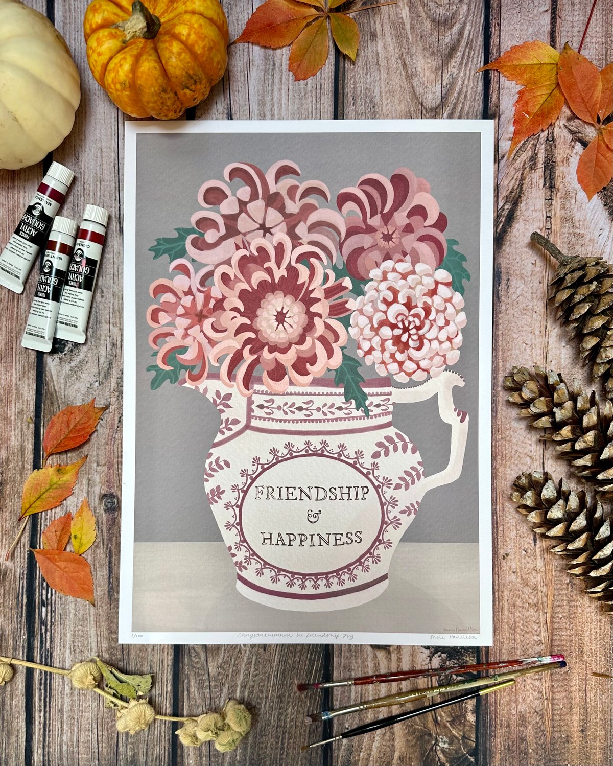 Chrysanthemums in Happiness Jug Print & Card