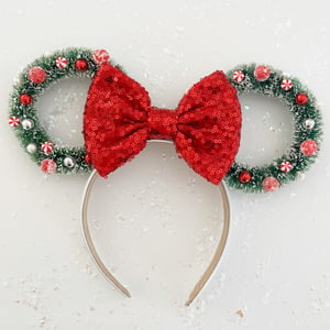 Image of Peppermint Wreath Ears with Red Bow - PREORDER