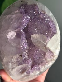Image 9 of LAVENDER DRUZY QUARTZ EGG WITH RAINBOW FILLED CALCITE POINT ON A STAND -URUGUAY-