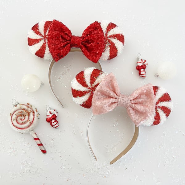 Image of Tinsel Peppermint Swirl Ears with Red or Blush Bow