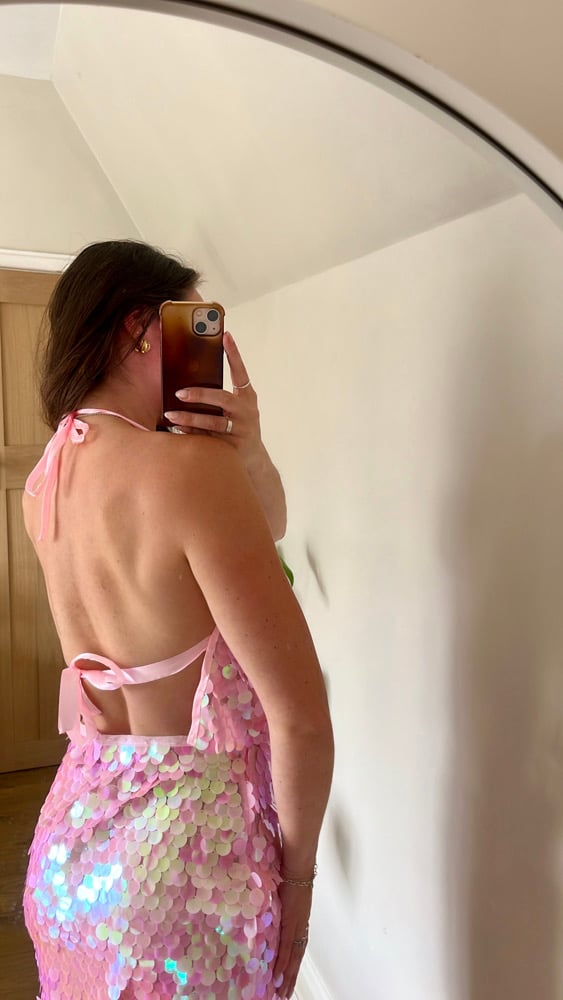 Heavily embellished Disc sequin Pink mesh halterneck cowl tie top