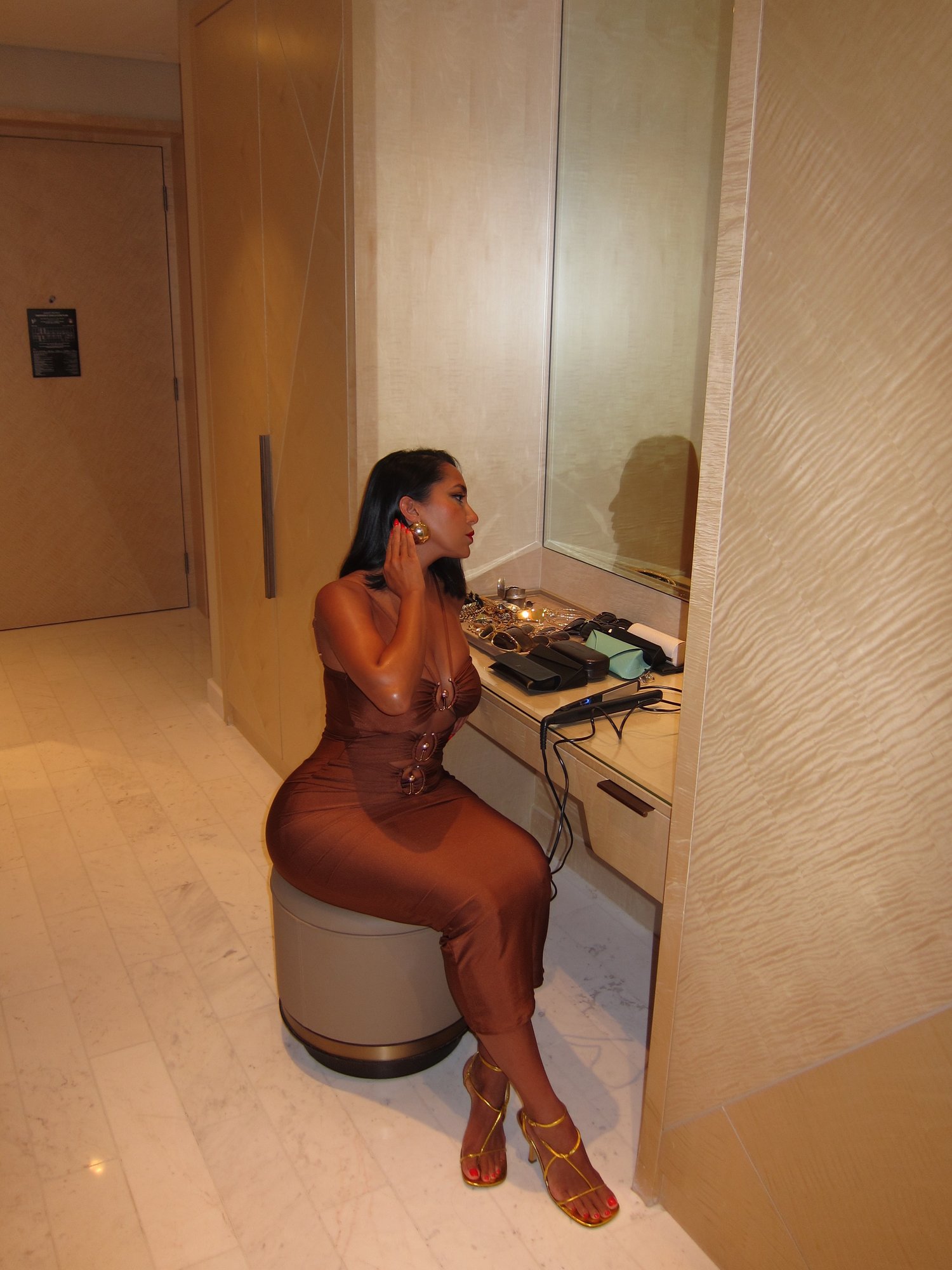 Image of BROWN SPANDEX CUT-OUT MIDI DRESS (XS)