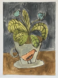 Rust bird cup with blue flower plant - mixed media