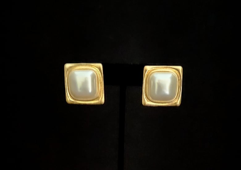 Image of Pearl & Gold Square Pierced Earrings 