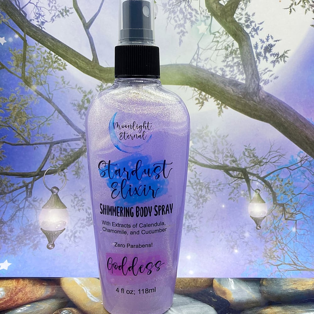 Image of Goddess Stardust Elixir Shimmer Spray. Jasmine, Peach, Gardenia.