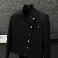 Image 2 of Men Spring Fall Diagonal Button Stand Collar Jacket Korean Trendy Cropped Raw Hem Coat Black Asymmet