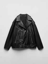Image 1 of Women Loose Motorcycle Biker Black Pu Faux Leather Jacket with Belt Spring Autumn Female