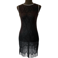 Image 1 of 90s Vintage Black Sheer Metallic Lace Fringe Dress w - Size 5 Jonathan Martin 