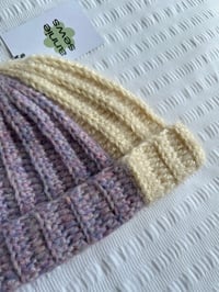 Image 2 of Ribbed crochet beanie in purple and cream