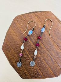 Image 8 of rainbow moonstone and ruby earrings in 14k gold and sterling silver