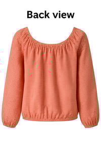 Image 2 of Women's Gingham Peasant Top, Orange and White Checkered Pattern, Long Sleeve, Elastic Neckline 