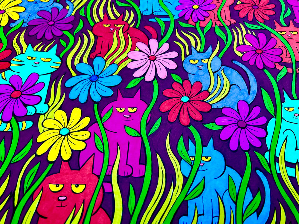 Image of Cats and Flowers original illustration 18x24 inches
