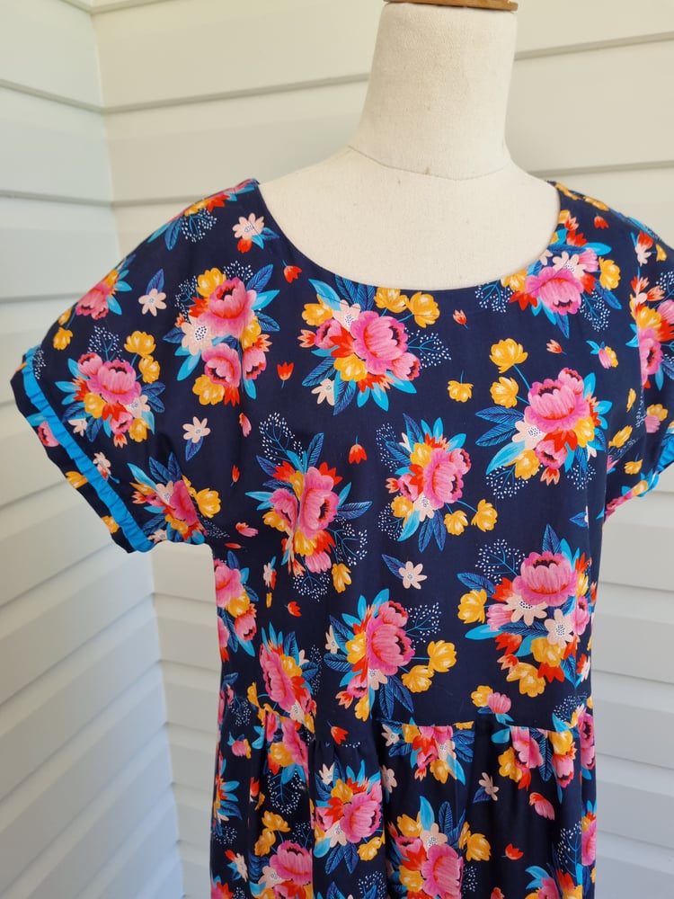 Image of HANNAH Frill in NAVY FLORAL Available in MEDIUM & LARGE. 