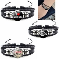 Image 1 of Jesus Fish Christian Symbol Bracelet Handmade Glass Gem Punk Black Woven Leather Bracelet Men'S And 