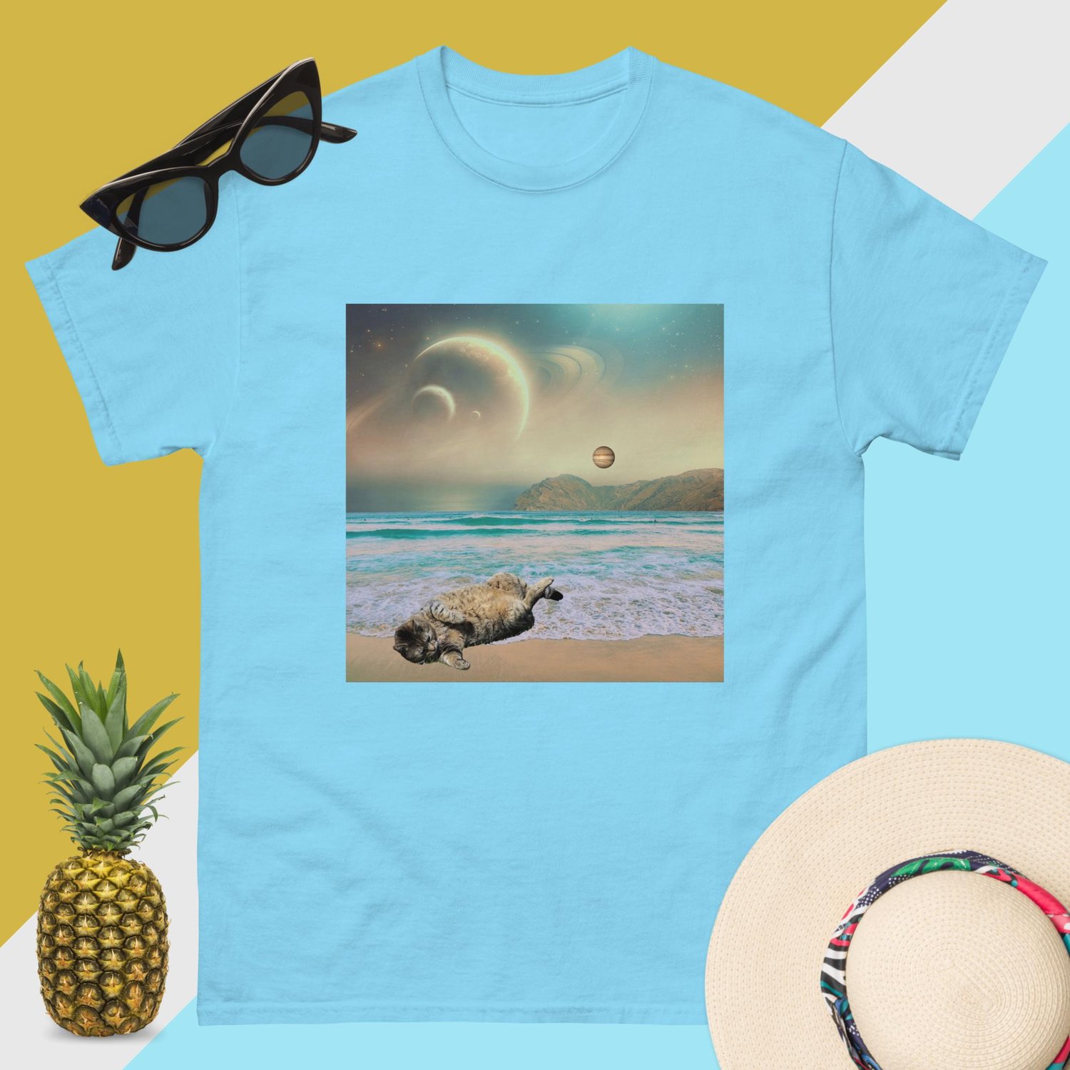 Image of Cat Chilling on a Space Beach - Unisex Classic Fit T-Shirt