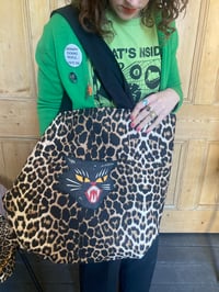 Image 2 of Black cat patch leopard large lined tote bag