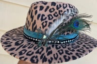 Image 2 of Leopard Print Fedora Hat Feather & Crystal Band 