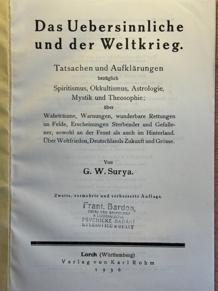 Image of Original Book from Library of Franz Bardon - Surya: Das Übersinnliche und der Weltkrieg (1936)