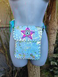 Image 1 of Woodstock cross body / passport bag -Jade turquoise with pink star