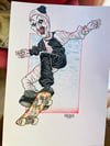 Art the Clown on a skateboard 