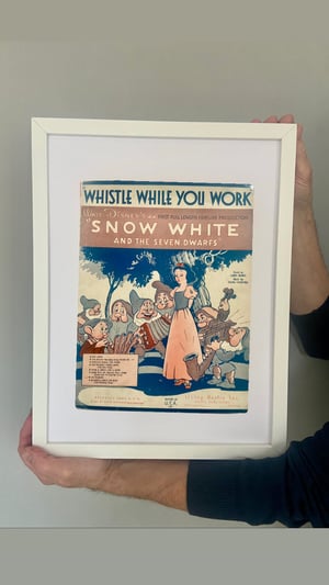 Image of Snow White c1937, framed vintage sheet music of 'Whistle While You Work'