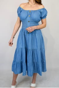 Image 1 of Button Front Bardot Denim Midi Dress